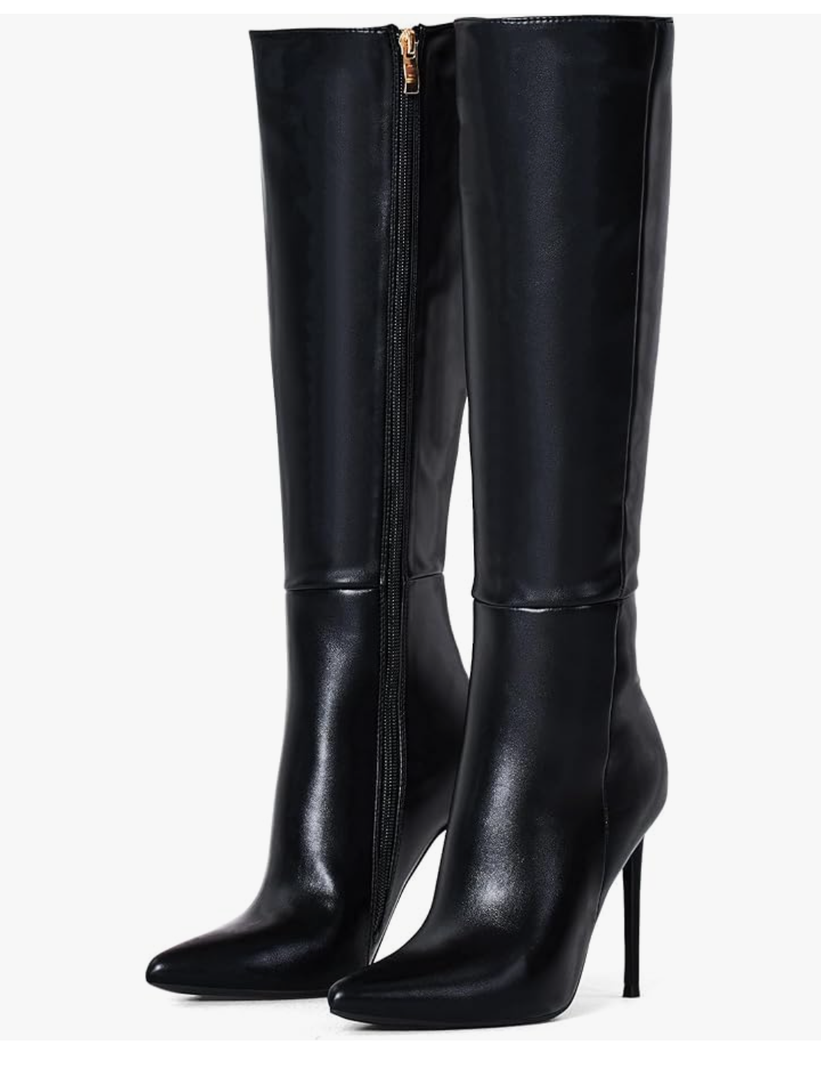 Elisabet Tang 4 inch Women's Knee High Long Boots, Stiletto Tall Pointed Toe Heeled Boot Leather Suede Comfortable Sexy, Size 9