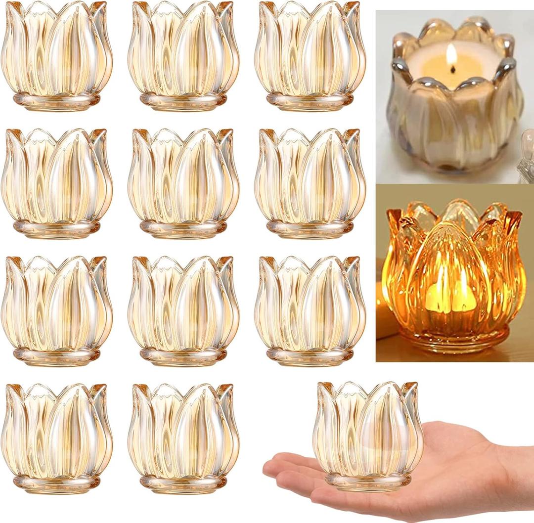 GOLDEAL 12Pcs Gold Votive Candle Holders, Thick Glass Tea Light Candle Holder Bulk, Tealight Candle Jars for Wedding Table Decor, Party Supplies, Bridal Shower Decorations, Centerpieces for Tables