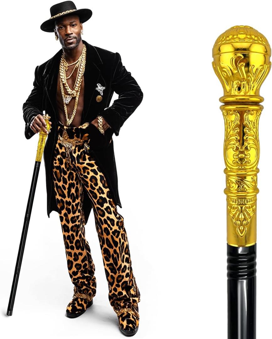 Costume Pimp Cane, 42" Metal Prop Stick with Antique Gold Plastic Handle Cosplay Accessories for Halloween Dress-up Party, Suit for All Ages