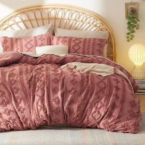 Bedsure Boho Duvet Cover Queen Size - Tufted Duvet Cover Queen Set for All Seasons, 3 Pieces Soft Shabby Chic Embroidery Boho Bedding, Comforter Not Included (Light Pink, 90" x 90")