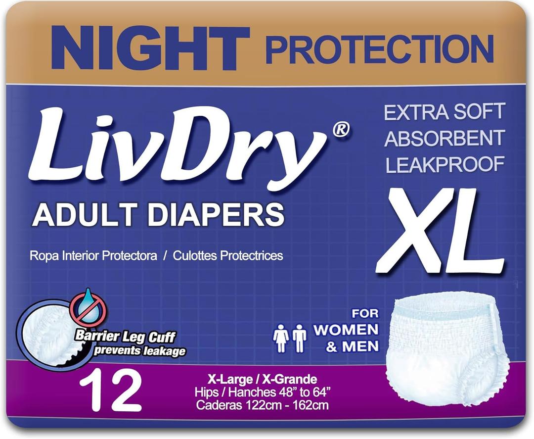 LivDry XL Overnight Adult Diapers for Women and Men, Incontinence Underwear, X-Large, 12-Pack (X-Large (12 Count))