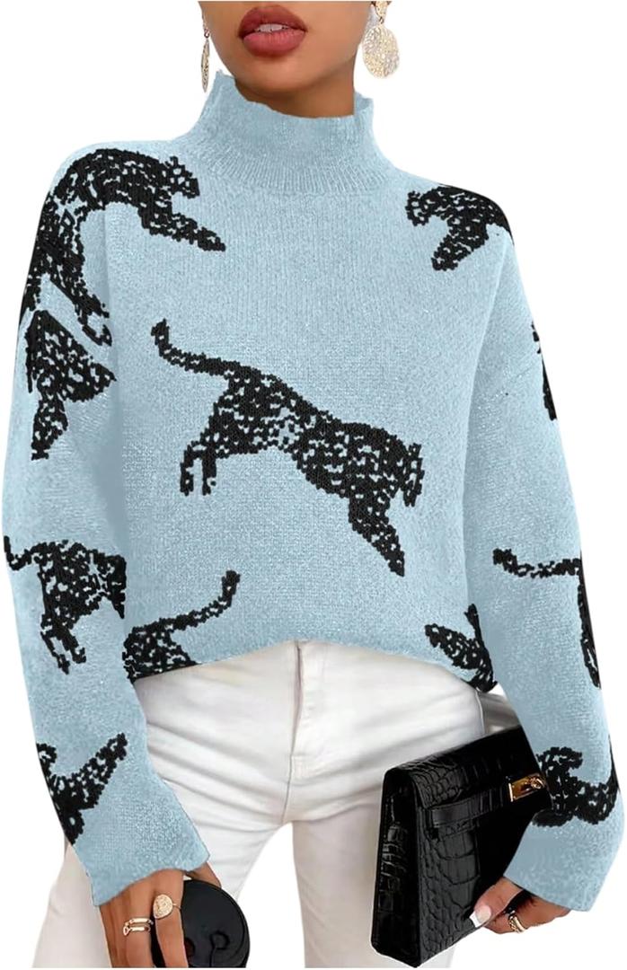 WDIRARA Women's Leopard Tiger Print Sweater High Neck Long Sleeve Fuzzy Knitted Pullover Top (Large, Blue)