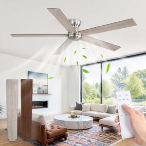 60 Inch low profile ceiling fan, Brushed Nickel Large Ceiling Fan no Lights, 6-Speeds, Quiet Reversible DC Motor, Indoor/Outdoor Ceiling Fans no light for Patios, Living Room, Bedroom