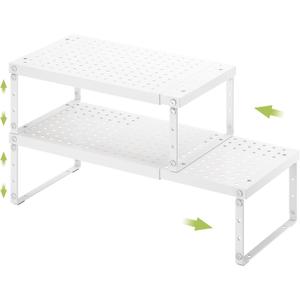 Expandable Cabinet Organizer Shelf With Adjustable Height, Stackable Kitchen Countertop Organizer Rack, Adjustable Shelf Riser For Kitchen Counter, Pantry, Cupboard, Desk, Tabletop (White-2 Pack)