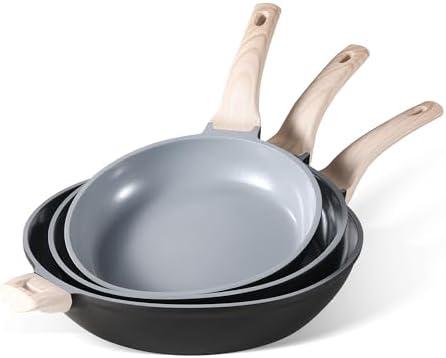 CAROTE Non Stick Frying Pan Set(9.5+11+12.5 Inch) Ceramic Frying Pan Healthy Nonstick Skillet PFOA&PFAS Free -Compatible with All Stovetops Black/Gray