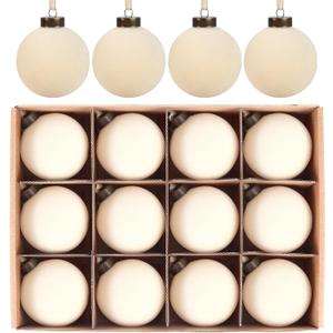 12 Pcs Velvet Christmas Balls Bulk Shatterproof Plastic Christmas Tree Decorations for Decorative Hanging Baubles (12, Beige, 3.15Inch)