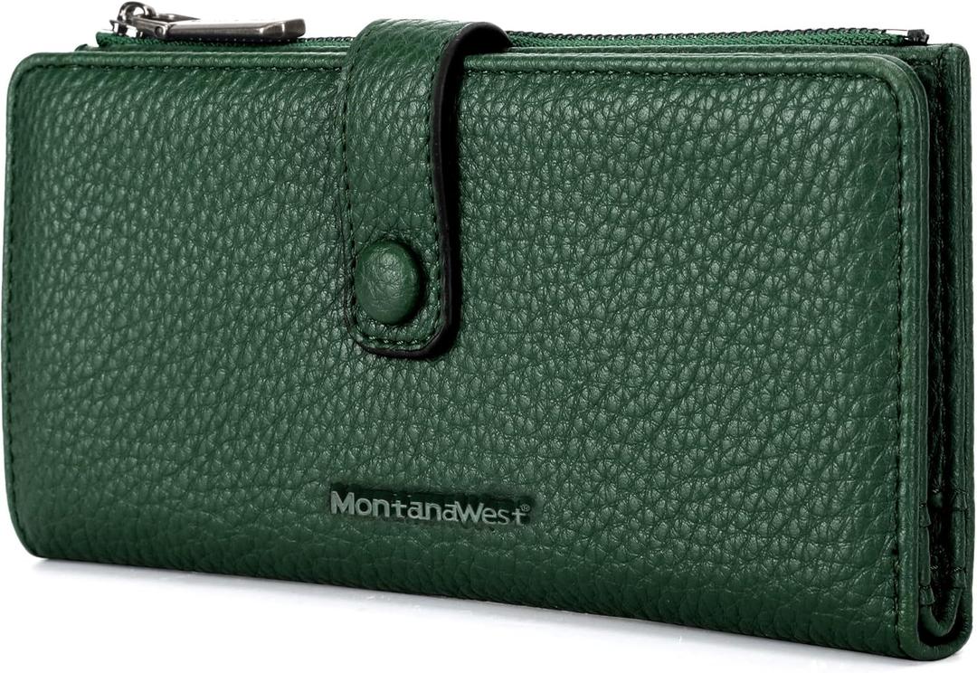 Montana West Women's Wallet Long Bifold Card Holder RFID Blocking with Zipper Coin Pocket (D Large Green)