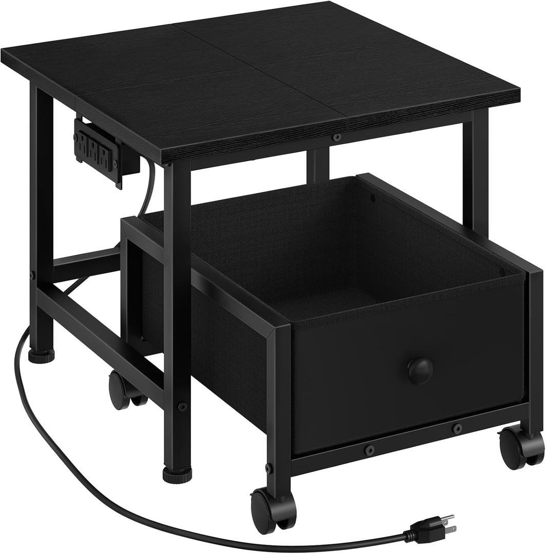 HOOBRO Mini Fridge Stand with Non-Woven Storage Basket and Power Outlet, Mini Fridge Cabinet with Wheels and Adjustable Feet, Mobile Fridge Shelf, for Home, Apartment, Dorm, Black BB355UBX01