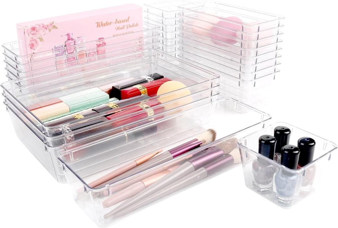Drawer Organizer with Non-Slip Silicone Pads Set of 15,Clear Plastic Vanity Organizer Storage Bins Containers,4 Size Desk Organizer Tray