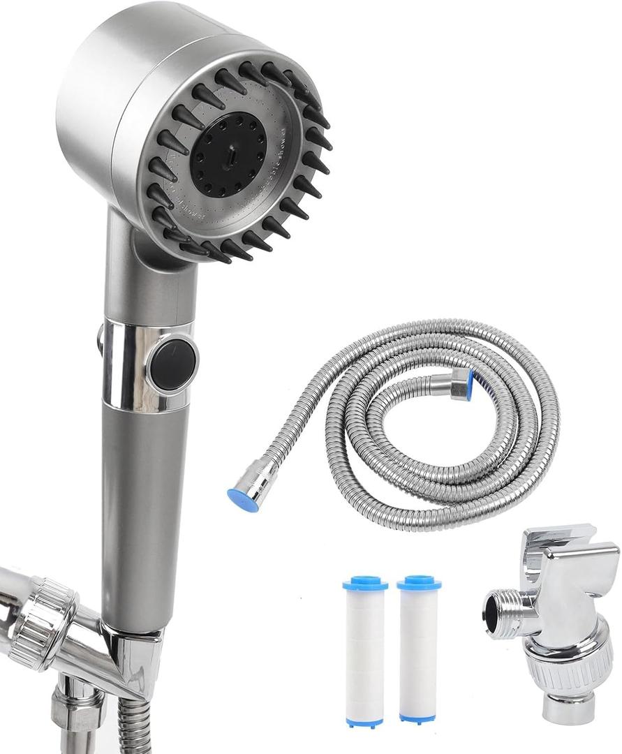 Filtered Shower Head with Handheld High Pressure 3 Spray Mode Showerhead with Filters Wash to Clean Tub, Tile & Pets. Stainless Steel Hose, Wall & Overhead Brackets