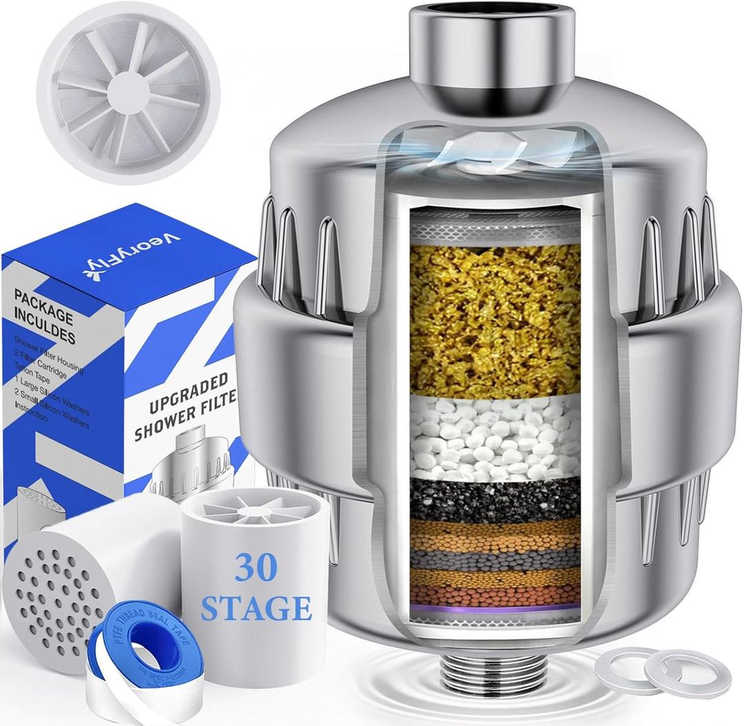 30 Stage VeoryFly Shower Filter with Vitamin C, Showerr Fiter for Hard Water, High Output Water with 2 Replaceable Fillter Cartridges, Water Softener Filter to Remove Chlorine