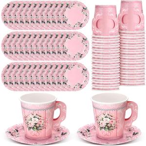 Nuogo 200 Pcs Floral Paper Tea Cups and Saucers 7 oz Disposable Paper Teacups with Handle and Plates for Tea Party Decoration Wedding Birthday Baby Shower Bridal Mother's Day, Serve 100(Pink)