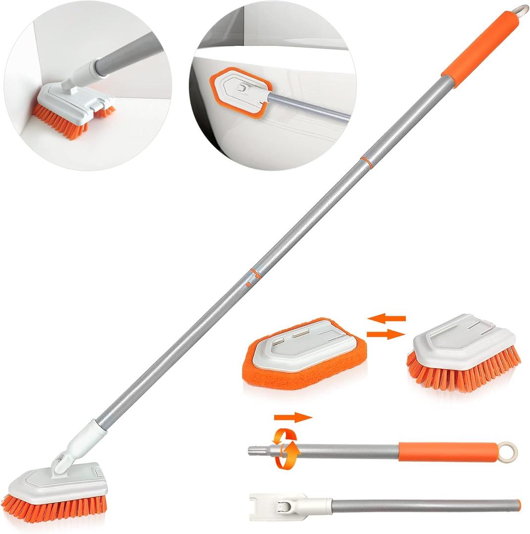 JEHONN 2-in-1 Tub and Tile Cleaning Brush with Long Handle, Shower Scrubber with Detachable Stiff Bristle Scrub Brush and Sponge Head for Bathroom, Bathtub, Floor