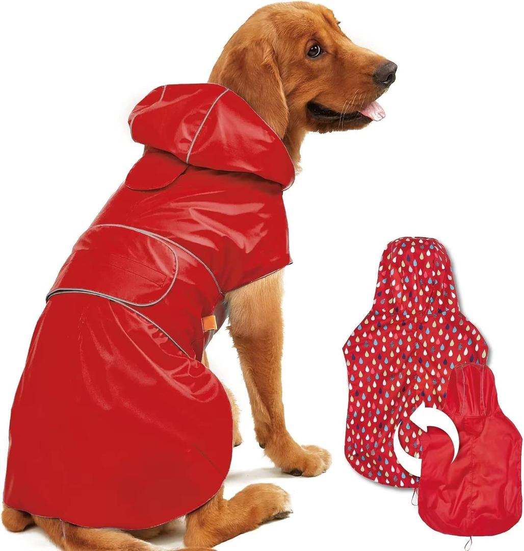 Dog Raincoat Reversible, Single Side Slicker Poncho Adjustable Waterproof Dog Rain Jacket with Leash Hole/Reflective Stripe Hooded Snowproof Windproof Clothes for Small to 3X-Large Dogs, L (Red)