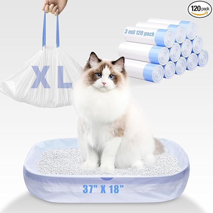 ELEGX 40 Count Litter Box Liners,HDPE Material 3MIL Extra Thick Heavy Duty 46" x 18" Jumbo Drawstring Cat String Liners,Compatible with Nature's Miracle/Petmate/Van Ness/IRIS,Tear & Leak Resistant