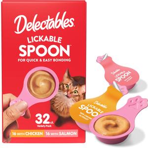 Delectables Lickable Spoon Handheld Wet Cat Treats Made with Real Chicken & Salmon, Quick & Easy Creamy Puree, Mess Free, Grain-Free, No Added Fillers, No by-Products, Variety Pack, 32ct (EXP 03/23/28)