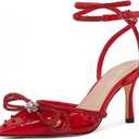 VETASTE Women's Double Bow Pointed Toe Ankle Strap Crystal Pumps Wedding Bridal Party Stilettos Backless Satin Heeled Sandals (Red)
