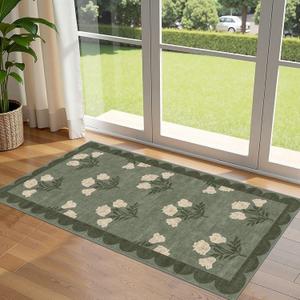 Front Door Mat Indoor Entrance - 2x4.3 Ft Floral Washable Layered Doormat Outdoor Entrance Porch Rug Non-Slip Sage Green Boho Runner Rug for Kitchen Hallway Bedroom Laundry Room Porch Decor