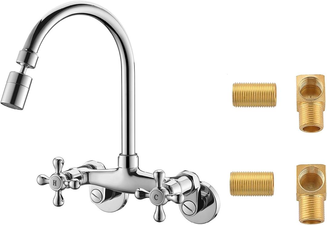 Wall Mount Kitchen Sink Faucet, 6 Inch Center Sink Faucet, in Wall Faucet Kitchen Sink, Kitchen Wall Faucets, Two Cross Handles Kitchen Faucet, Chrome, RULIA RB1026