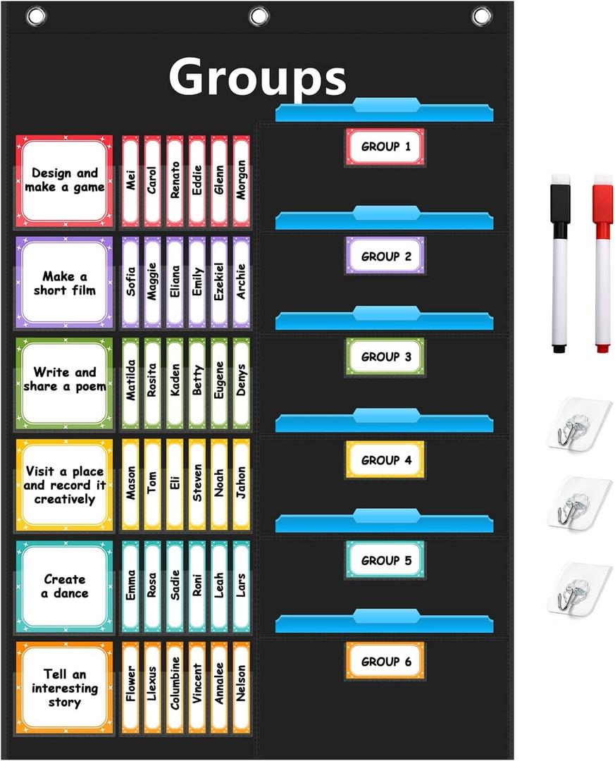 REGELETO Small Group Management Pocket Chart with 96 Cards Classroom Jobs Chart Small Group Organizer and on Task for School Teacher Homeschool Learning Supplies (Black)