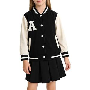 Fdqin Girls 2 Piece Outfits Skirt Set Button Up Baseball Jacket With Pleated Skirt Set Preppy Fall Winter Clothes 3-12Years