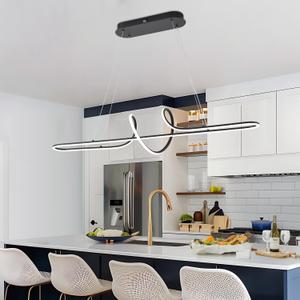 Black Modern Chandelier, 43.30" Large Modern Led Pendant Light for Kitchen Island with Remote, Dimmable Led Chandelier for Dining Room Adjustable Height Ceiling Hanging