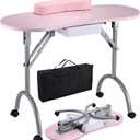 Joligrace Professional Foldable & Portable Manicure Table Nail Technician Desk Workstation 4 Lockable Wheels with Drawer Client Wrist Pad Free Carrying Bag Travel Nail Tech Spa Beauty Table Pink