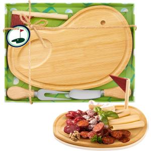 Golf Cheese Board Gift Set Party Favor Prizes Charcuterie Wood Board with Knives and Box Father Day Gift for Dad Grandpa Party Tournament Game (9.8" x 7.7", Bamboo Color)