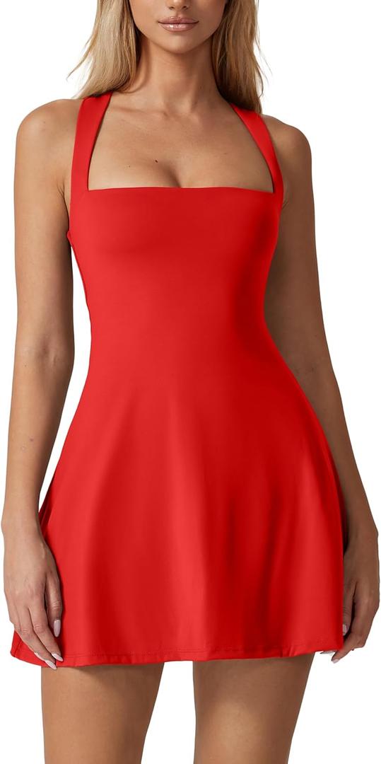 QINSEN Womens Square Neck Tennis Dress Sleeveless Built in Shorts Golf Athletic Dress with Pockets, Small