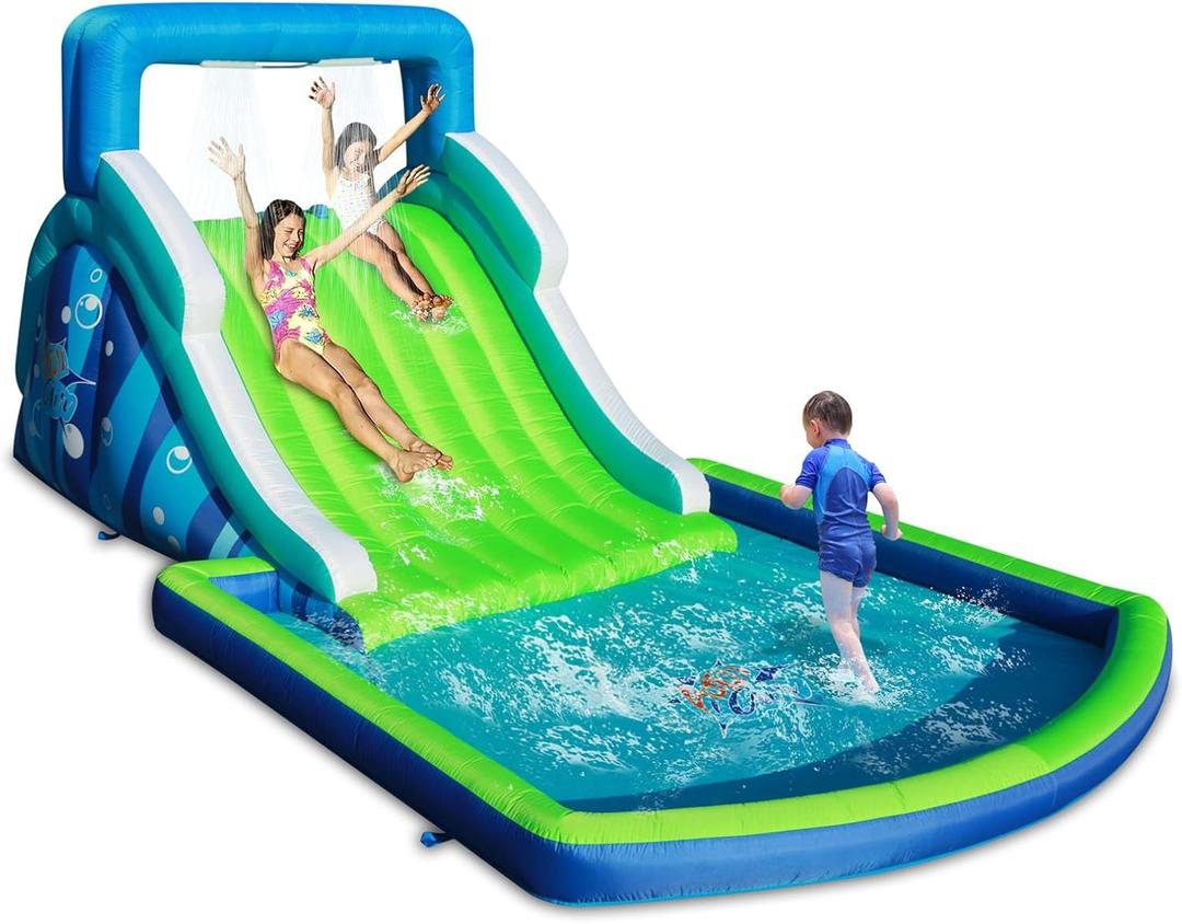 Action Air Inflatable Water Slide, Huge Blow Up Water Park with 102" Long Slide, Large Splash Pool, Climbing Wall and Top Water Sprays, Outdoor Backyard Water Play for Kids, 205" x 118" x 85"