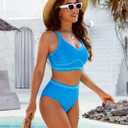 Blooming Jelly Womens High Waisted Bikini Sets Tummy Control Swimsuits Two Piece Modest Bathing Suit Sporty Swim Suits (Blue, S)