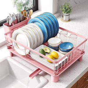 SNTD Dish Drying Rack - Small Dish Rack for Kitchen Counter, Stainless Steel Dish Drainer with Utensil Holder and Drainboard, 12.9" W x 16.9" L (Pink)