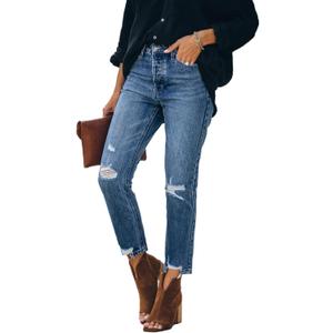 Lesore Womens High Waist Stretch Distressed Jeans Destroyed Denim Pants (Blue)