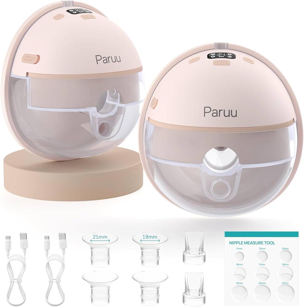 Paruu Hands Free Breast Pump P16, Wearable Breast Pump Electirc Portable with 4 Modes & 12 Levels, Max 309mmHg Strong Suction 19/21/24mm Flange Inserts Wearable Breastfeeding Pump, 2 Pack（Nude