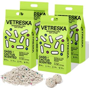 VETRESKA Tofu Cat Litter, Natural Strong Clumping Flushable Litter Pellets, Ultra Water Absorbent Deodorant Tofu Litter, Dust-Free Low Tracking Cat Litter, Cactus(5.5lb x 4bags)