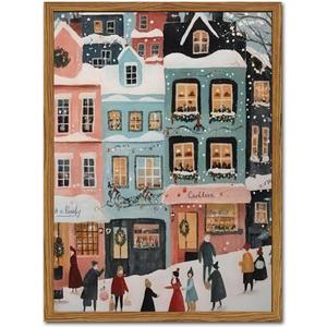Christmas Wall Art Snowy Winter Wall Decor Pictures, Christmas Town Canvas Prints Painting Vintage Winter Lane Artwork for Living Room Bedroom Dining Room 16x24 inch Wood Framed