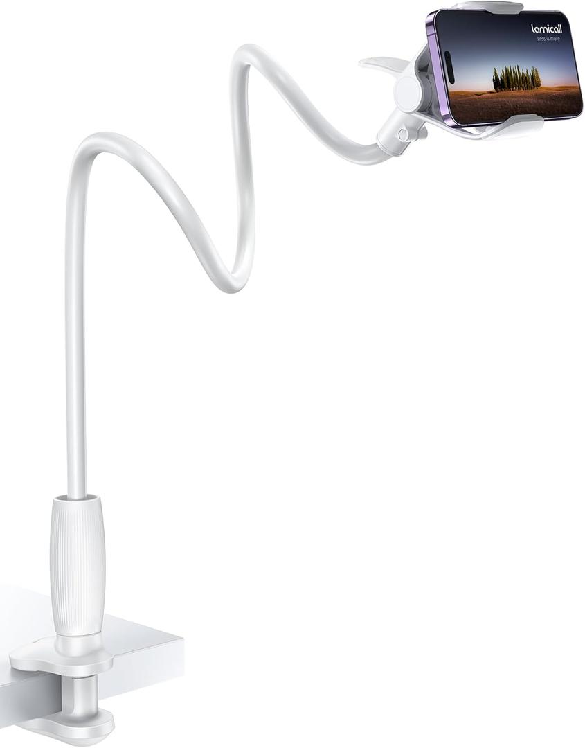 Lamicall Gooseneck Phone Holder for Bed - 360 Adjustable Clamp Clip, Overhead Cell Phone Mount Stand for Desk, Compatible with All Cellphone, White
