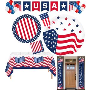 Oojami 4th of July Patriotic Party Supplies for 18 Guests  Includes Plates, Cups, Napkins, Table Cover, USA Banner, Balloons & Porch Banner  Red, White & Blue Decorations