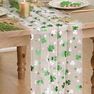 Artoid Mode Gauze Green Shamrocks St.Patrick's Day Table Runner 120 Inch 10FT,Seasonal Sheer Dining Holiday Baby Shower Table Decor for Home Party (28" x 120")