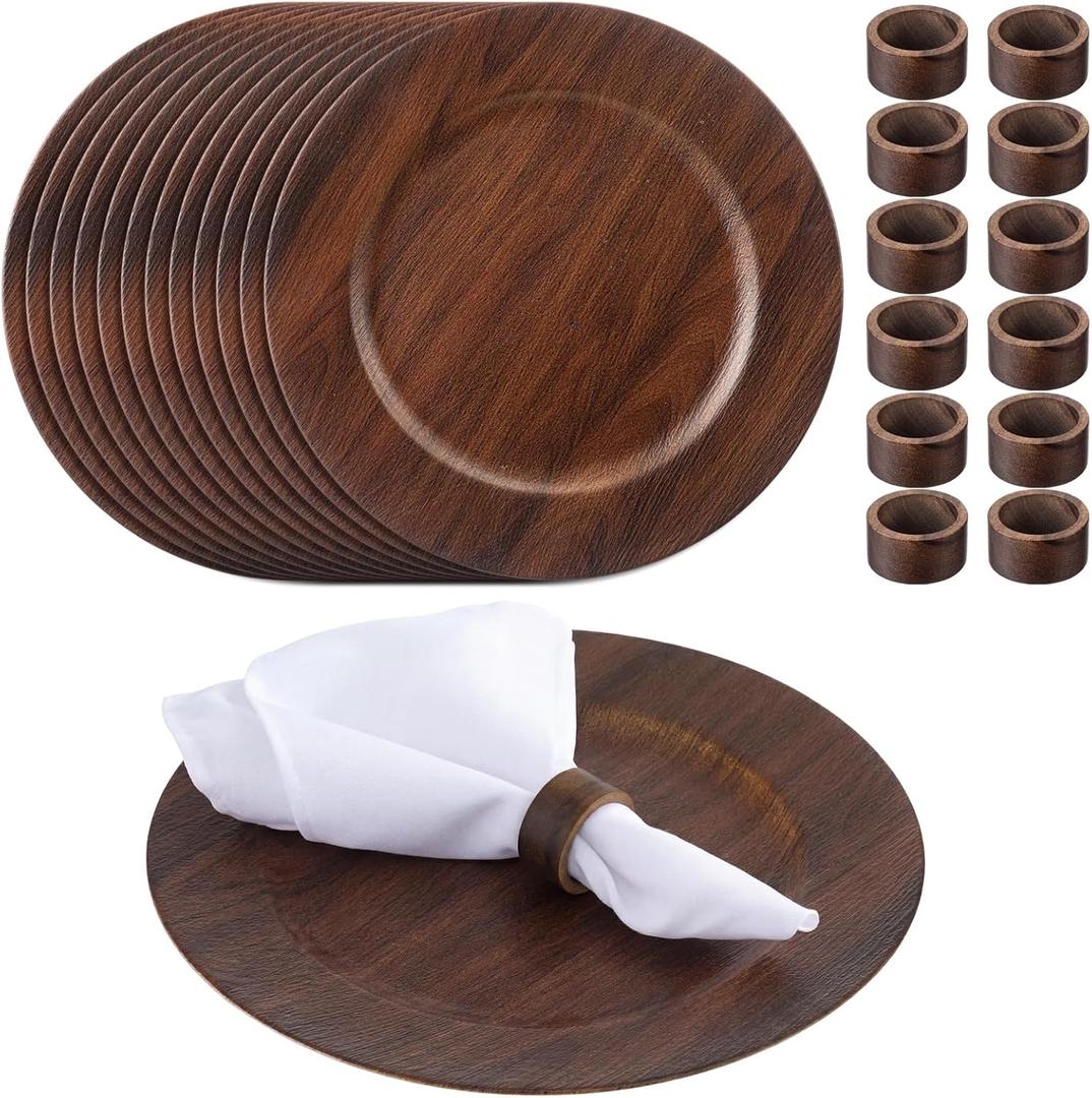 12 Set 13" Brown Round Chargers for Dinner Plates with 12 Pcs Handmade Acacia Wood Napkin Ring, Farmhouse Faux Wood Rustic Chargers Weddings, Party, Dining, Anniversary, Birthday