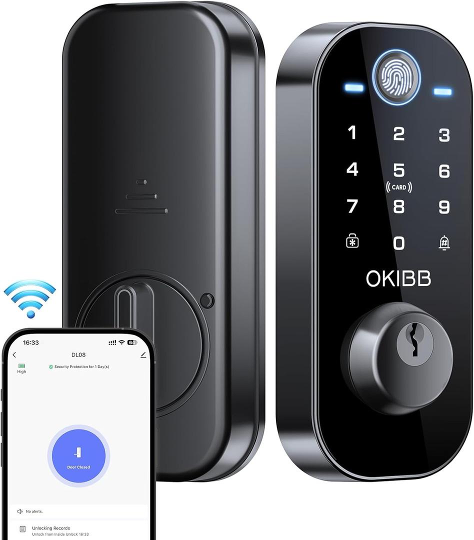 Keyles Entry Door Lock with Built-in Wi-Fi App Remote Control, OKIBB Fingerprint Door Lock with Doorbell, Smart Locks for Front Door, Auto Locking, Black