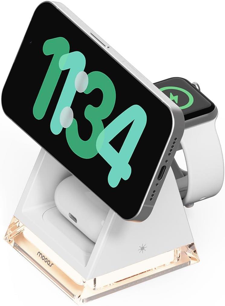 mooas Crystal Lamp 3 in 1 Mag-safe Wireless Charging Stand (White), 2 Color Nightlight, 3 in 1 wireless charger, Compatible with iPhone 12/13/14/15, Galaxy S21, S22, S23, S24, Apple watch Galaxy watch