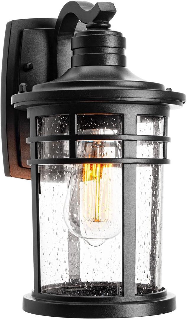 Darkaway Outdoor Porch Lights Wall Mount, Outdoor Light Fixtures Sconces Wall Lighting with Seeded Glass Waterproof Exterior Lights for Patio Yard House Hallway Doorway Garage(1 Pack, Black) (Medium)