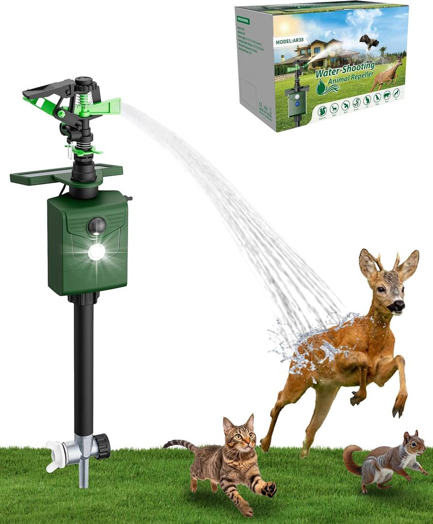 Solar Motion-Activated Animal Repellent Sprinkler with Metal Stake