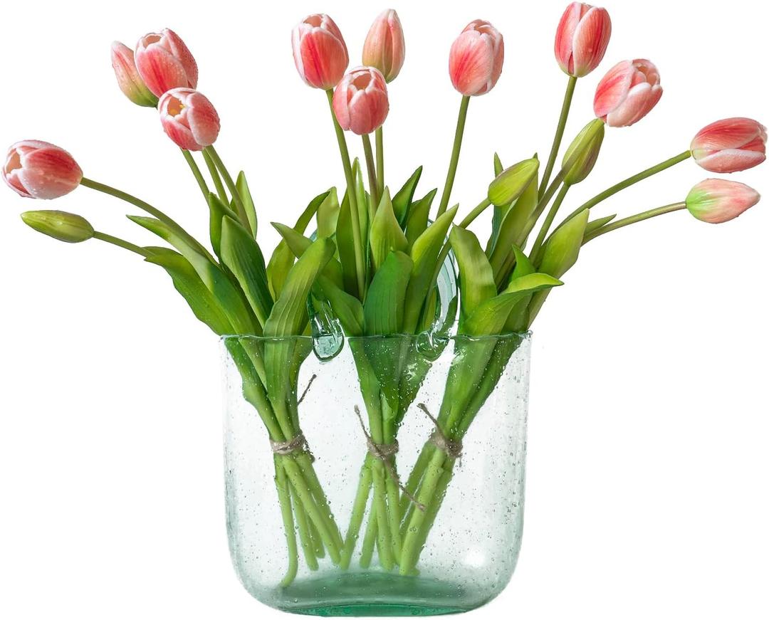 DUYONE 15pcs Artificial Tulips Flowers, Latex Bouquet, Fake Tulips for Office Wedding Party Home Kitchen Garden Decoration-B Coral Pink