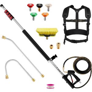 Pressure Washer Extension Wand 24 feet Power Washer Extension Wand 24 ft Telescoping Pressure Washer Wand Aluminum with Brush, Gutter Cleaner, 5 Spray Nozzle Tips, 2 Hose Adapters, Support Belt