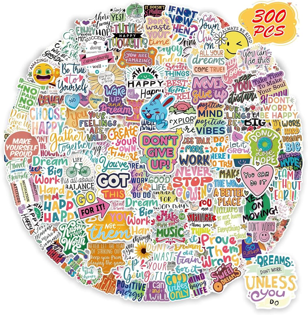 300PCS Motivational Sticker, Inspirational Words Stickers for Teens Adults Students Teacher Employees Vinyl Encouraging Positive Affirmation Stickers for Water Bottles Laptop Decals Scrapbook Journal
