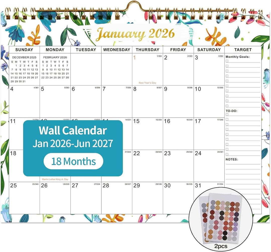 2 x 2026 Calendar 18 Monthly Wall Calendar Runs from January 2026 until June 2027 Spiral Binding Hanging 11.5" x 14.7" Thick Paper with Julian Dates and Block for School OfficeFlower
