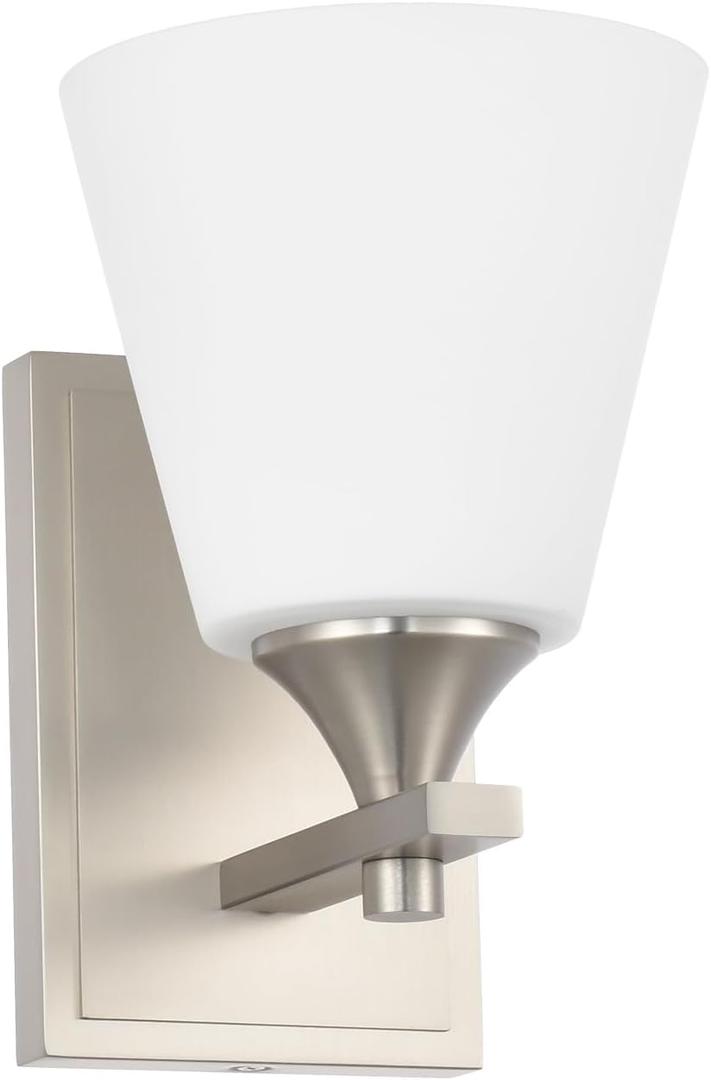 Brushed Nickel Wall Sconce Light, American Sconces Wall Lighting, Traditional 1 Light Bathroom Vanity Lighting with Opal Glass Shade, Wall Light for Bedroom Bathroom Living Room Entryway Hallway