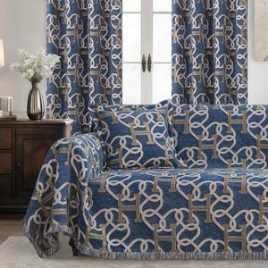 Modern Letter H Couch Cover for Sofa, Luxury Chain Patterns Jacquard Chenille Sofa Cover for Dogs, Soft Sofa Slipcovers Furniture Protector with Fringe for Pet, Cats(71x118, Blue)